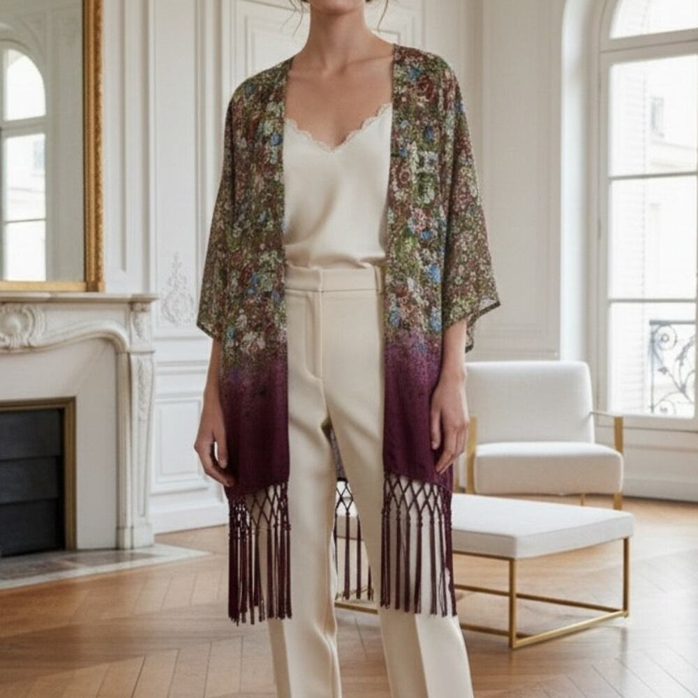 Gimmicks BKE Olive Maroon Floral Fringe Kimono Small